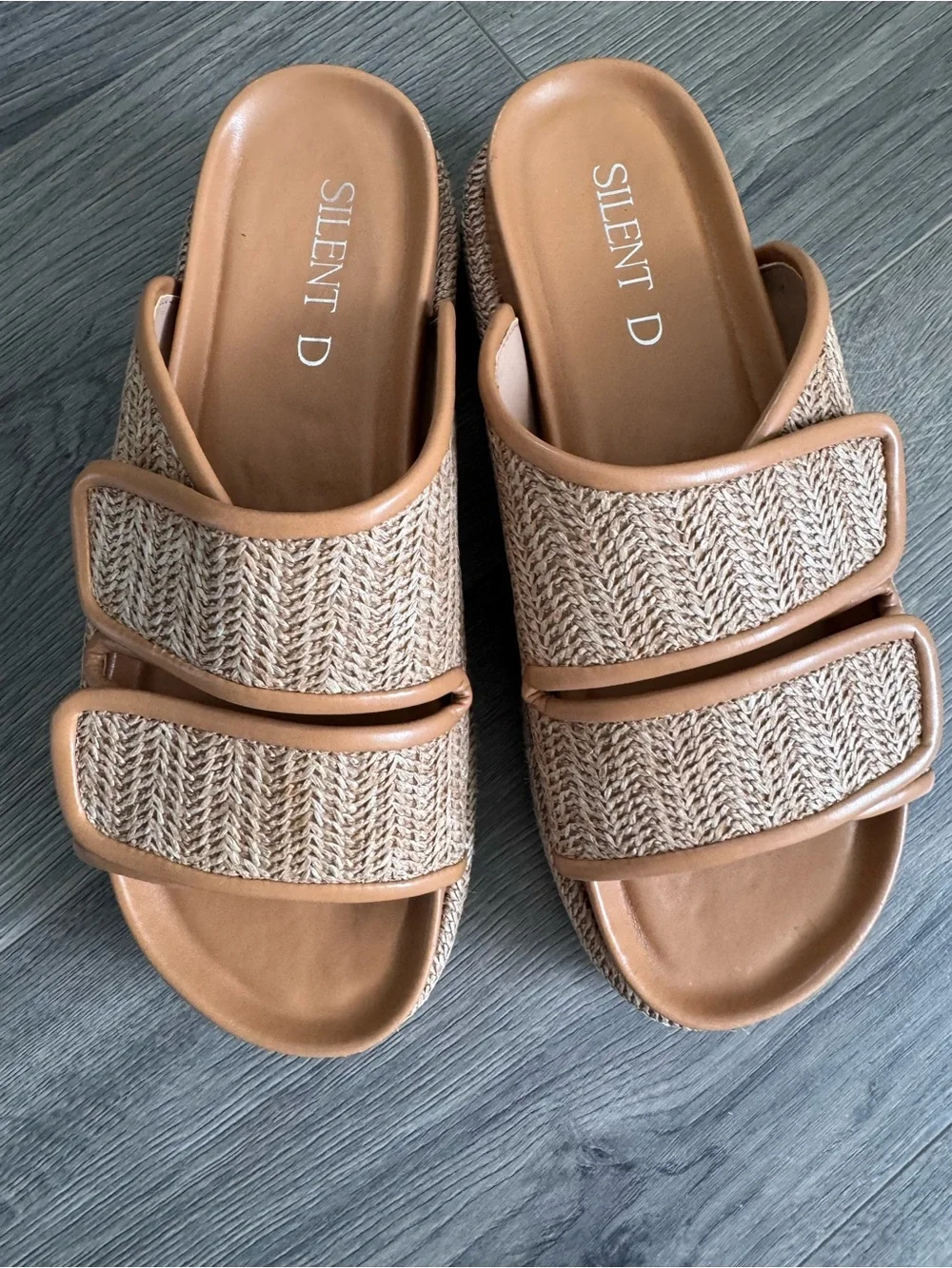 Silent D Platform Slide Sandals Tan Rafia Braided Espadrille 38/7 Summer Resort